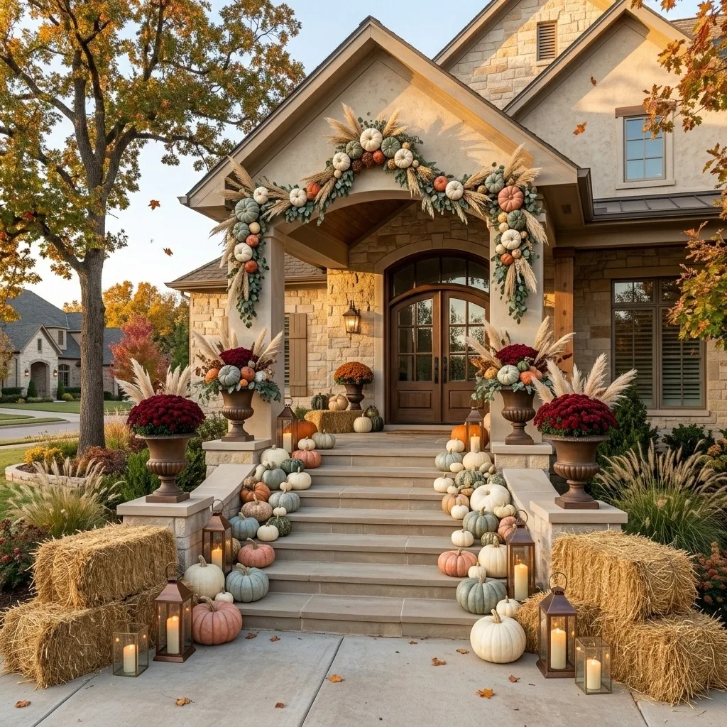 Large grouping of heirloom pumpkins with greenery and a lantern