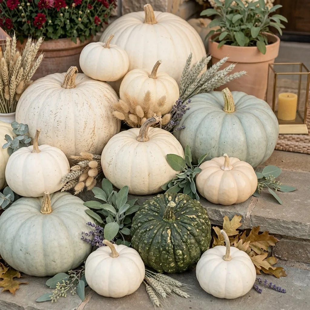 Layered pumpkin display on stone steps at a Nashville entry