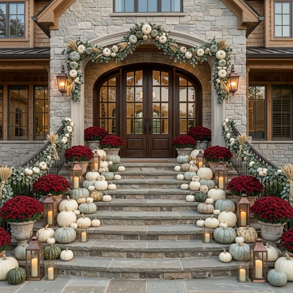 Wide stone porch with pumpkins, lanterns, and urns at the door