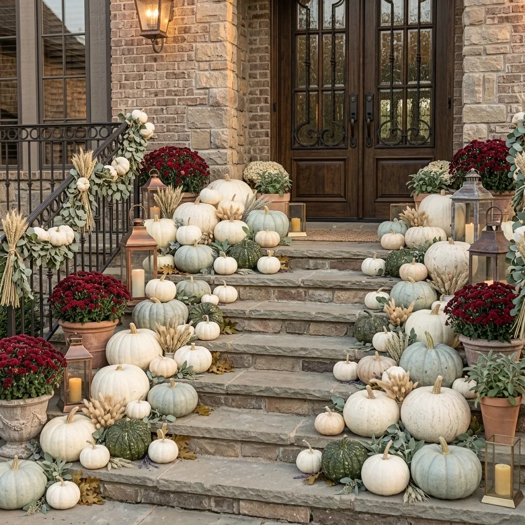 Layered porch display with pumpkins along steps and the door surround
